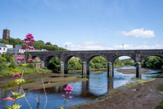 Photo of the viaduct bridge at Newport. There are bright pink flowers in the foreground of the image and the sky is bright blue and clear. The church and a small portion of the town can be seen to the left side of the image.